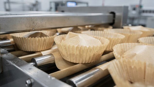 Medium shot of greaseproof paper baking cups being diecut and molded emphasizing nonstick texture and moisture resistance in a hygienic manufacturing environment.