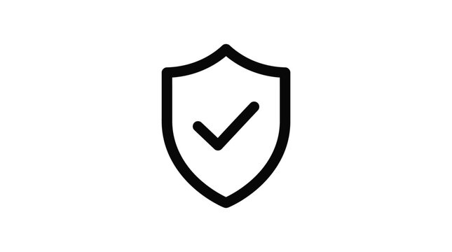 Minimalist black shield icon featuring a simple checkmark symbol isolated on a clean white background