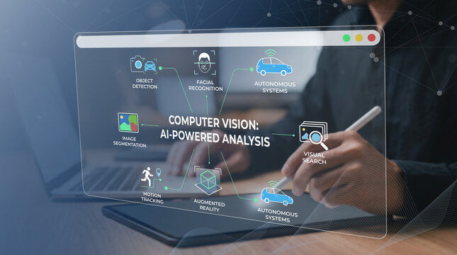 Professional illustrating computer vision AI powered analysis applications including facial recognition object detection and autonomous systems