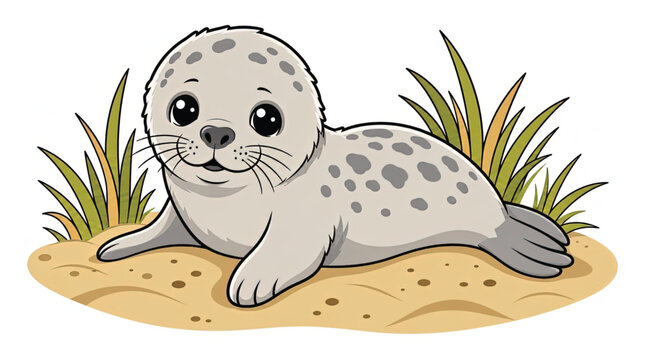 Cute Spotted Seal on Sandy Beach.