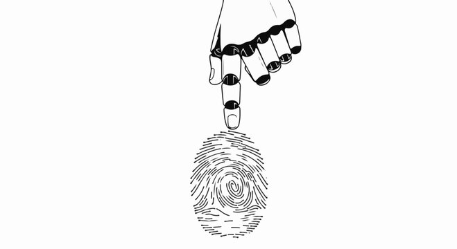 Robot finger touching a fingerprint, symbolizing technology and identity.