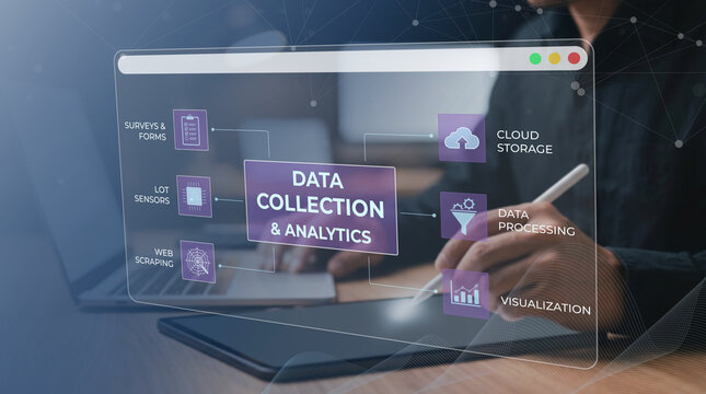 Professional illustrating data collection analytics process with cloud storage and visualization on digital interface