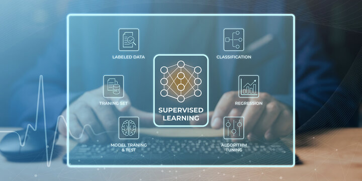 Professional illustrating supervised machine learning concepts with labeled data and algorithm tuning on digital screen