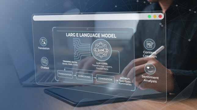 Professional illustration showing large language model workflow for translation chatbot content creation and sentiment analysis applications