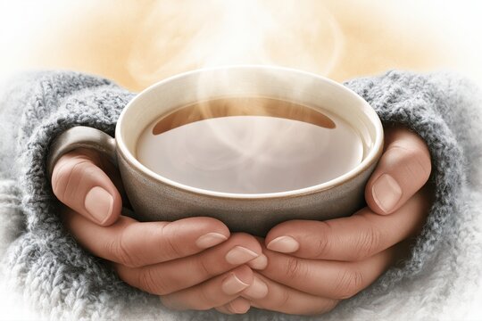 Close-up of hands holding a warm cup of steaming hot beverage, wrapped in a cozy knitted sweater.