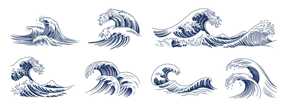 Sea waves sketch, hand drawn storm tide and ocean surf illustrations in vintage nautical style.