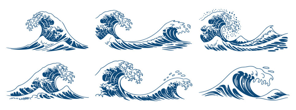 Sea waves sketch, hand drawn storm tide and ocean surf illustrations in vintage nautical style.