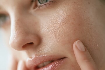 Naklejka premium Close-up extreme detail of a young woman's face, showing pores, freckles, and glowing skin texture.