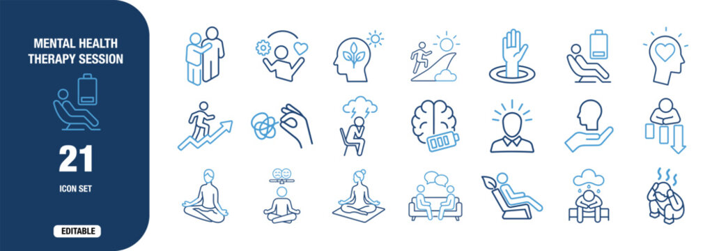 therapy session mental health outline icon set editable on transparent background
