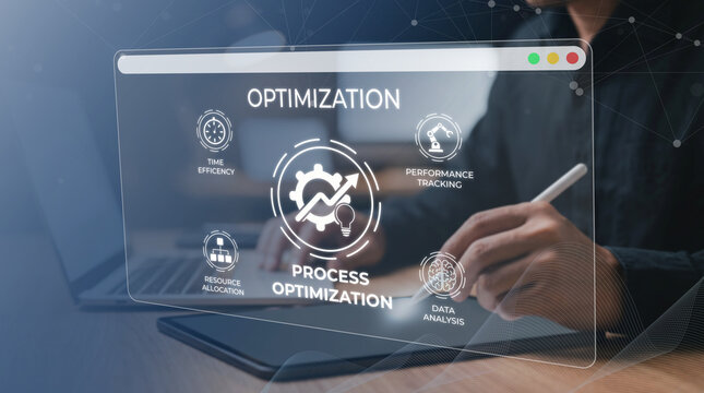 Professional using digital tablet for process optimization with time efficiency resource allocation performance tracking data analysis