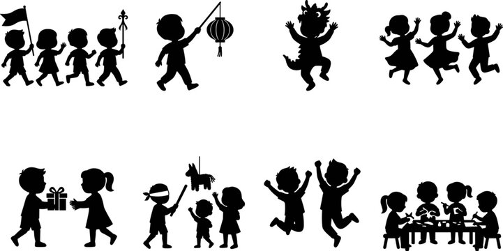 Children celebrating parties and cultural festivals black silhouette vector icon set isolated on white background