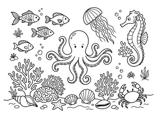 Marine life and underwater scenery doodle illustration set with octopus fish and coral underwater seahorse jellyfish wildlife starfish handdrawn creature environment illustration ecosystem © Eps World