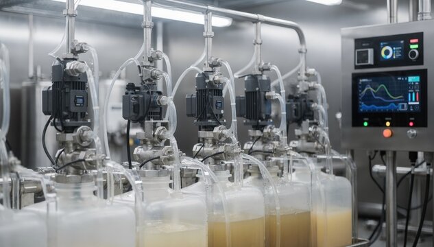 Medium shot capturing the mixing and monitoring of chelated liquid fertilizer blends in a controlled environment highlighting pumps and digital control panels for accurate