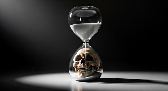 Hourglass with skull symbol of mortality and time passing concept dark background
