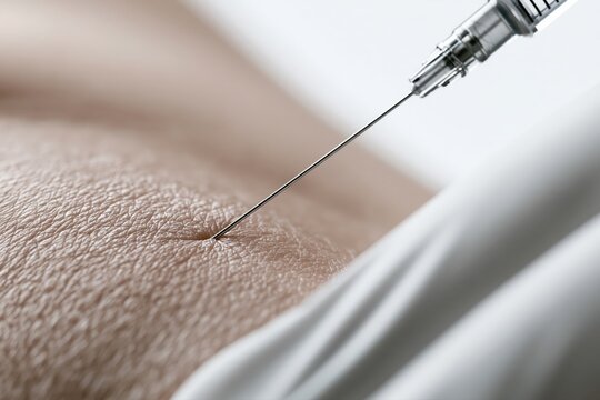 Close-up macro shot of a medical syringe needle piercing human skin for injection or treatment.