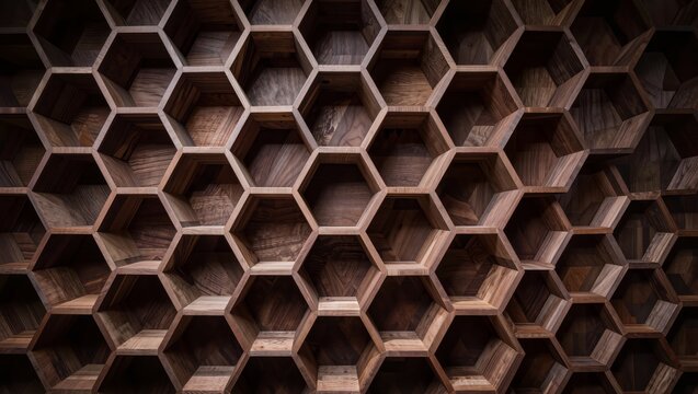 Dark Hexagonal Wooden Parametric Wall Pattern with Geometric Architectural Texture