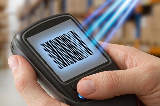 Close-up of a hand holding a handheld barcode scanner with a blue laser beam scanning a barcode on its screen.