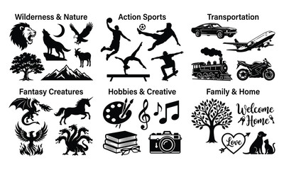 Obraz premium Mega vector silhouette icons bundle featuring nature sports transportation fantasy creatures creative hobbies and family themes