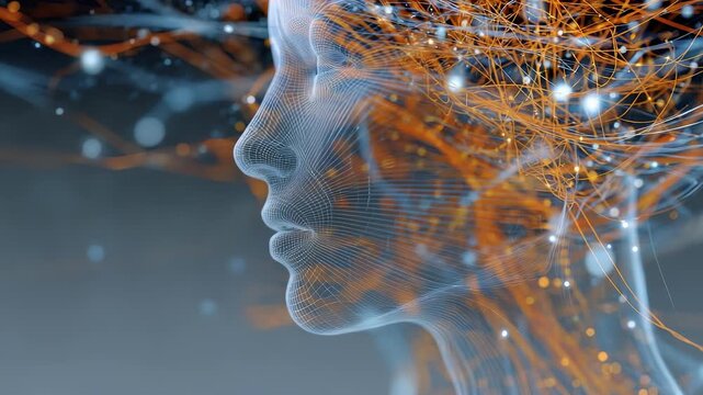 A wireframe human head is intertwined with luminous neural pathways, symbolizing AI and advanced technology. The image evokes innovation, digital transformation, and the future of intelligence
