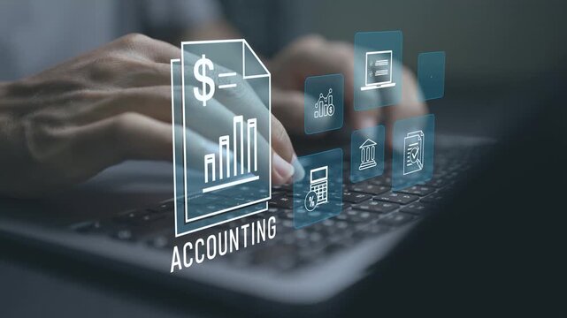 Business accounting platform concept. Person using laptop with accounting and analytics icons, budget management, financial records and corporate finance operations.