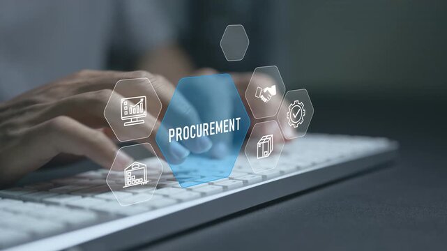 Procurement management concept. Person typing keyboard with purchasing and supply chain icons, vendor management, procurement processes and operational efficiency.