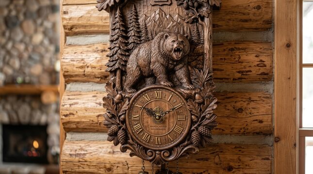 Carved wooden bear clock on log cabin wall.