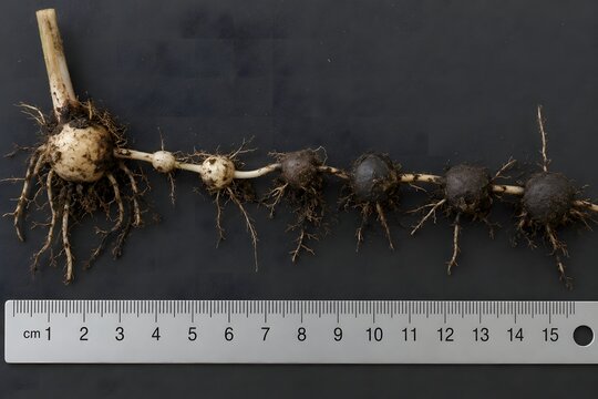 Purple Nutsedge Tuber Chain &mdash; Cyperus rotundus Underground. Macro excavation of Cyperus rotundus showing characteristic tuber chain (rosary) with connected corms at different developmental stages.

