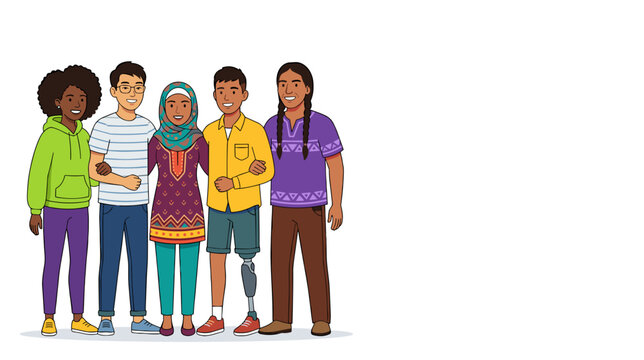 Youth inclusion concept banner with diverse group of happy multicultural friends standing together and smiling with copy space
