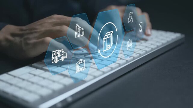 Supply chain and logistics management platform concept. Person typing keyboard with network and delivery icons, inventory tracking, supplier collaboration and end to end supply chain optimization.