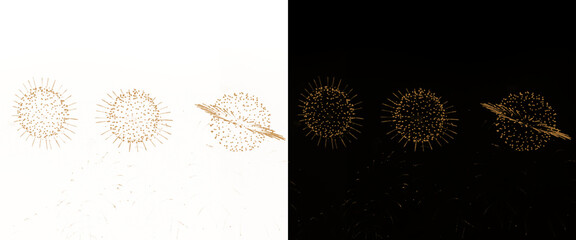 Abstract celestial planet icons in gold wireframe style, golden geometric sphere and ringed planet set, luxury cosmic design elements on black and white © Md