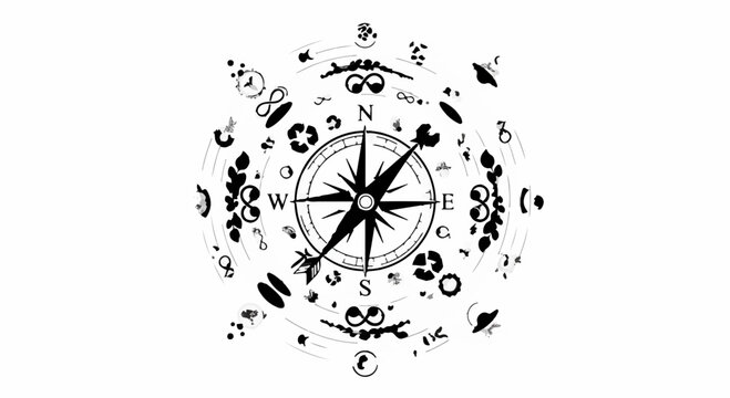 A vintage compass points the way amidst a circular pattern of abstract symbols and icons.