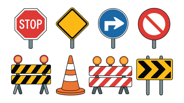 Road Signs Barricades and Traffic Cone Vector Icons for Construction Safety Transportation Warning and Roadwork Management Design