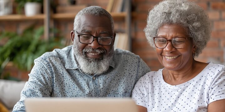two older senior citizens sharing laptop