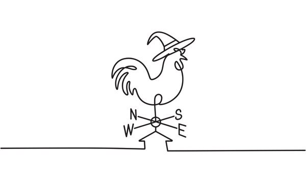 Single continuous line of a rooster wearing a witch hat standing on a weather vane with cardinal directions n, s, w, e, isolated on a white background, minimalist style