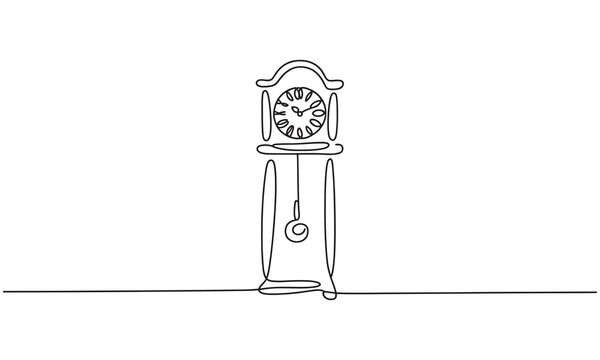 Single continuous line of a vintage grandfather clock with a pendulum and classic dial face, minimalist black ink of a tall antique timepiece on a white background