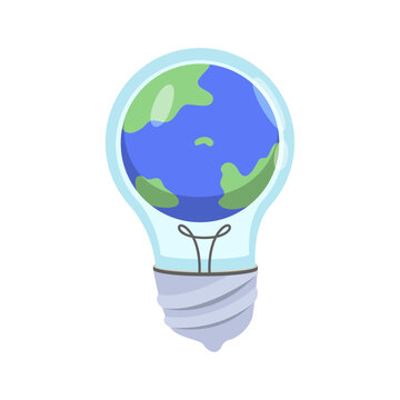 Earth globe inside a lightbulb, symbolizing global ideas and environmental sustainability, flat vector illustration