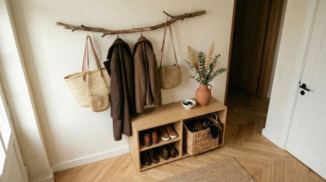 Minimalist entryway with wooden console and coat rack.