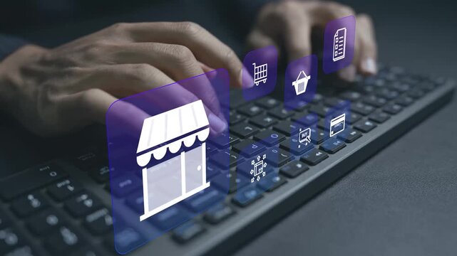 Online retail concept. Person typing keyboard with ecommerce and shopping icons, digital sales, customer experience and online business operations.