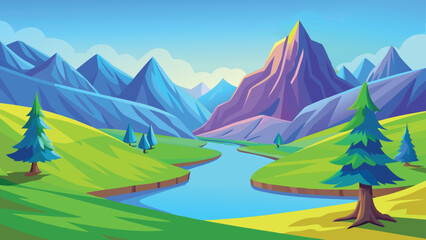 Fototapeta premium Vibrant mountain valley landscape with winding river during golden hour in flat vector style