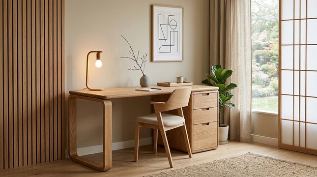 Minimalist Japandi home office with wooden desk and chair.