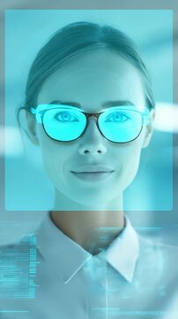 A professional female in advanced augmented reality glasses represents the future of technology and business. The image conveys intelligence, innovation, and digital transformation in the workplace