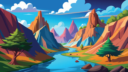 Vibrant canyon river valley with colorful rock formations under a bright sky © CreativeKamrul