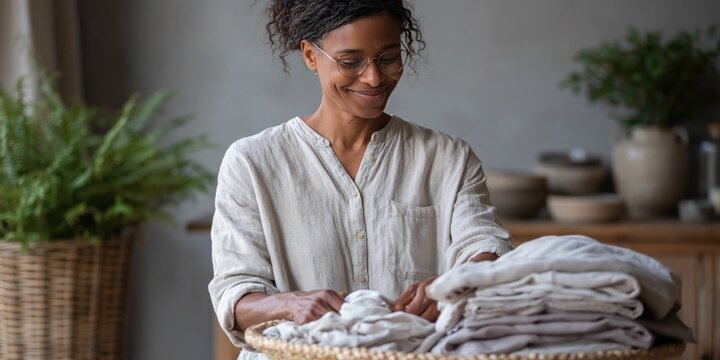 Photo of woman folding laundry