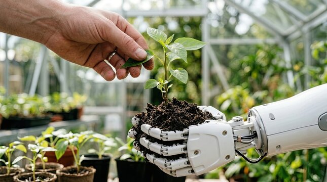 Human and robotic hands holding small green plant sprout.