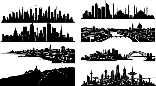Global city skylines and famous urban landmarks black silhouette vector icon set isolated on white background