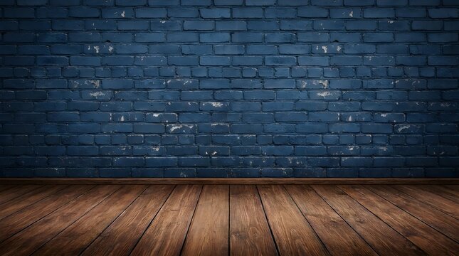 Empty dark blue painted brick wall background with polished brown wooden floor planks interior room