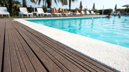 Fototapeta premium Bright turquoise swimming pool water viewed from a brown wooden deck on a sunny day