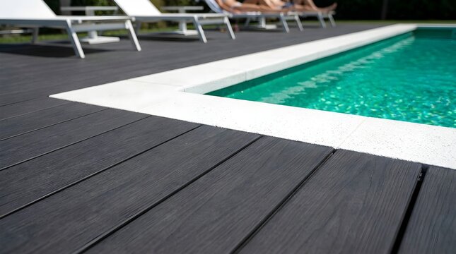 Modern dark grey wooden pool deck surface with white stone coping and clear blue water