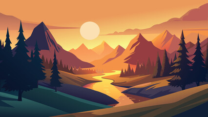 Mountain valley river at sunset with pine trees in flat vector illustration style © CreativeKamrul
