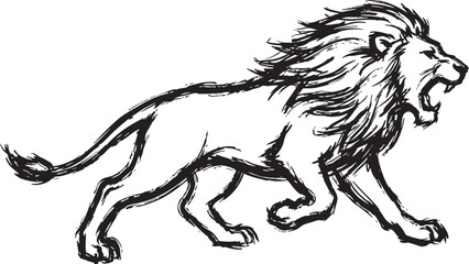 A black and white illustration of a lion with a fierce expression walking to the right with its mouth open and mane flowing © Umme